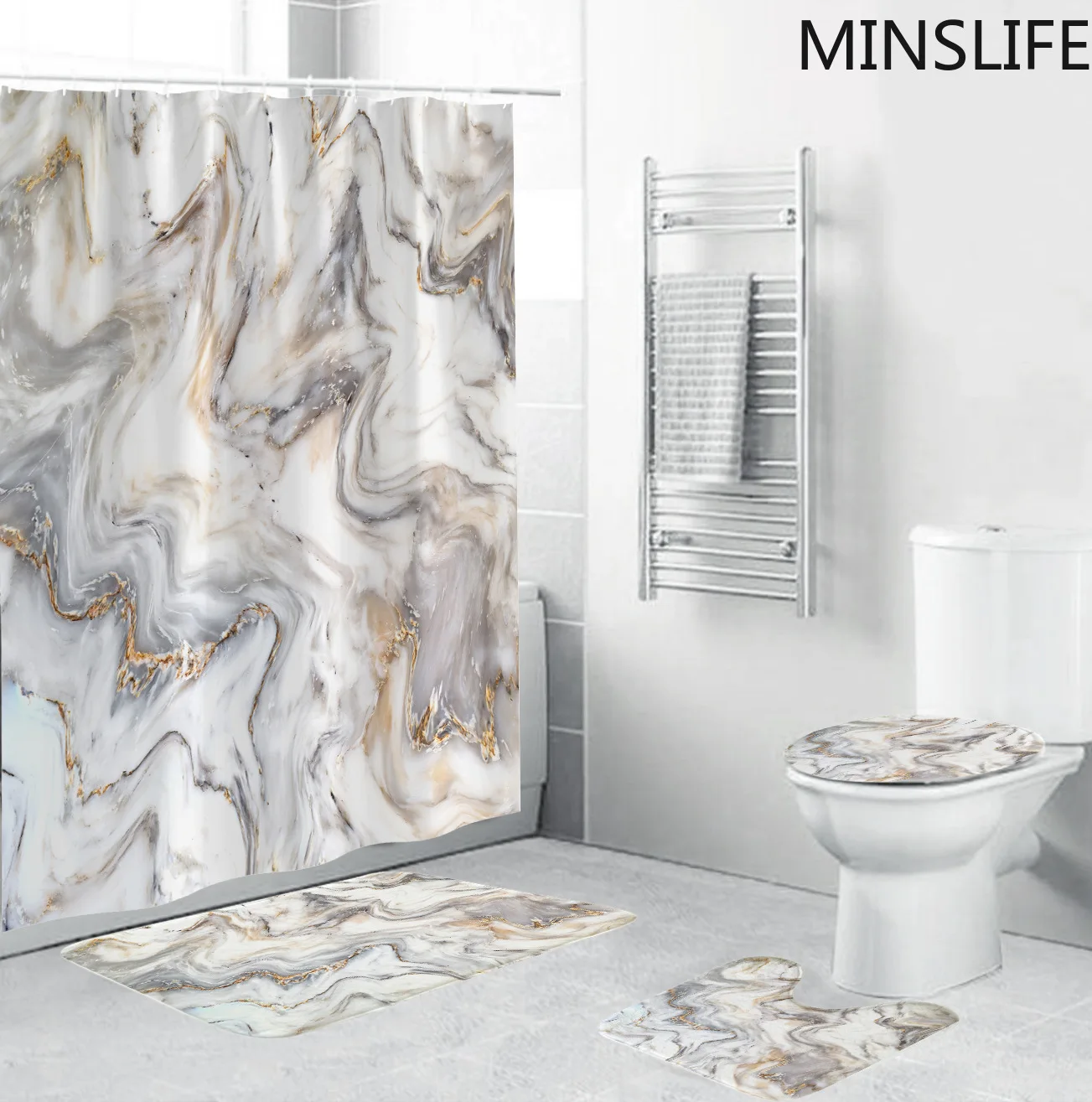 Marble Pattern Bathroom Non-slip Mat Set Durable Waterproof Shower Curtain Pedestal Rug Lid Toilet Cover Bath Rugs | Дом и сад