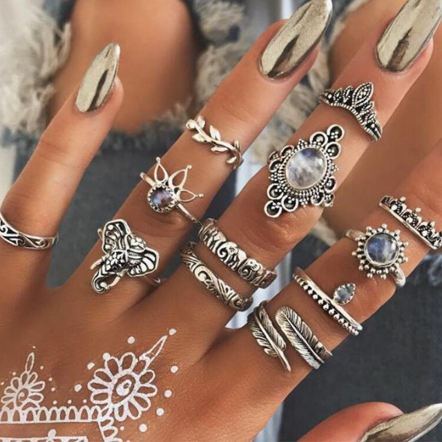 Bohemia Rose Flower Finger Rings Set For Women Crystal Geometric Knuckle Chain Ring Female Fashion Jewelry
