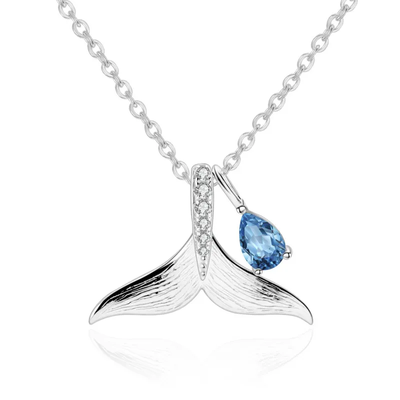 

GEM'S BALLET Natural Blue Topaz Silver Necklaces For Women 925 Sterling Silver Retro Fish Tail Pendant Women Fine Jewelry