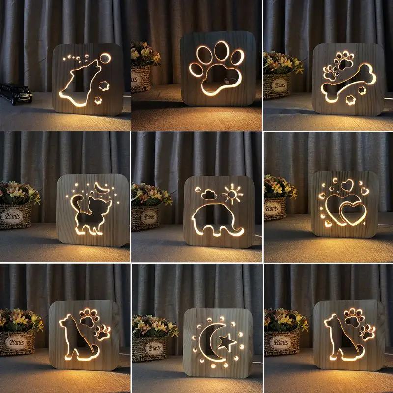 Деревянный ночник в виде кошачьей лапы собаки животного луна звезда 3D