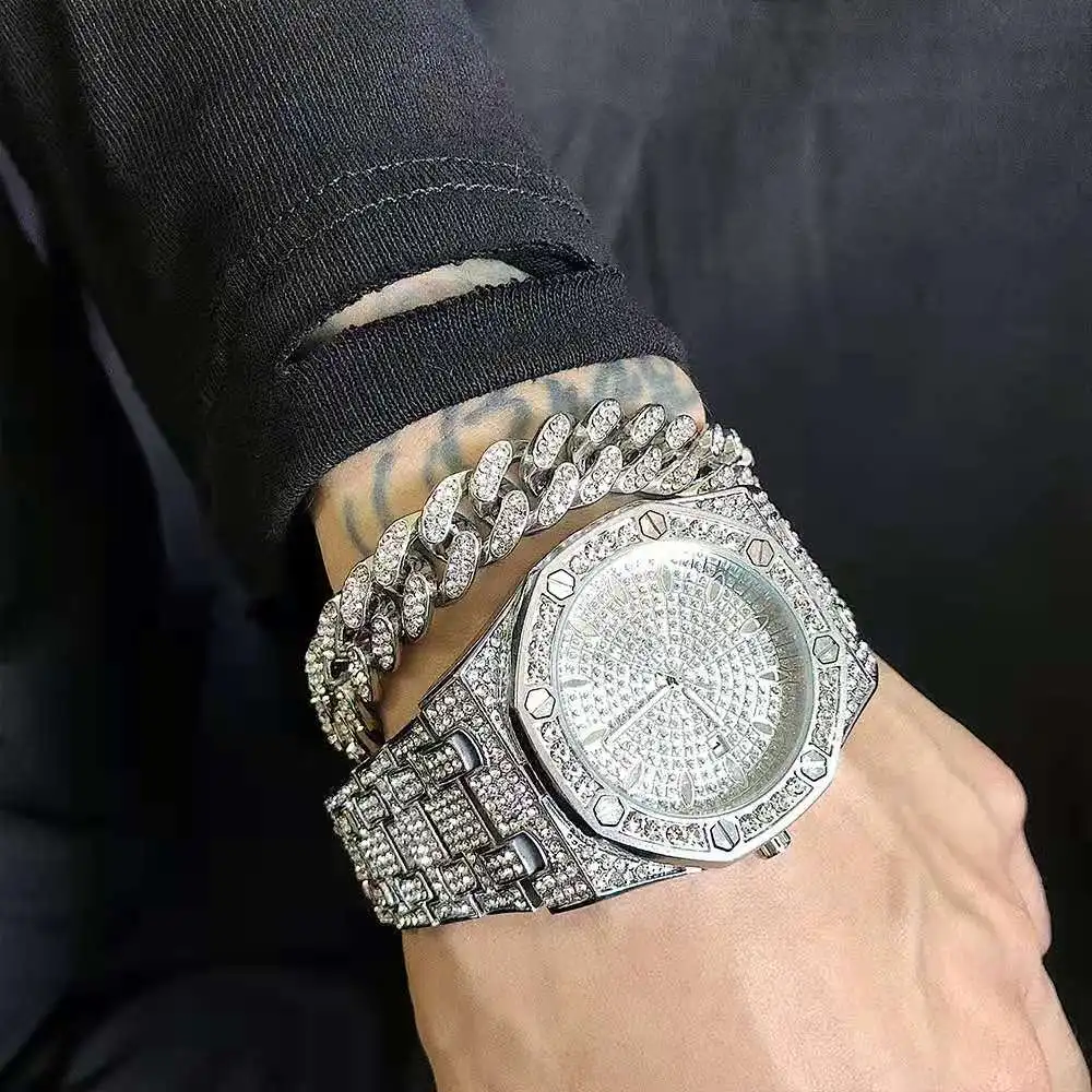 3Pcs Watch+Bracelet+Necklace Hip Hop Miami Cuban Chain Gold Watch Iced Out Paved Rhinestones CZ Bling Rapper Men Jewelry Joyas