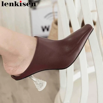 

Lenkisen european style netural full grain leather square toe strange crystal heels slip on mules model summer sandals women L10