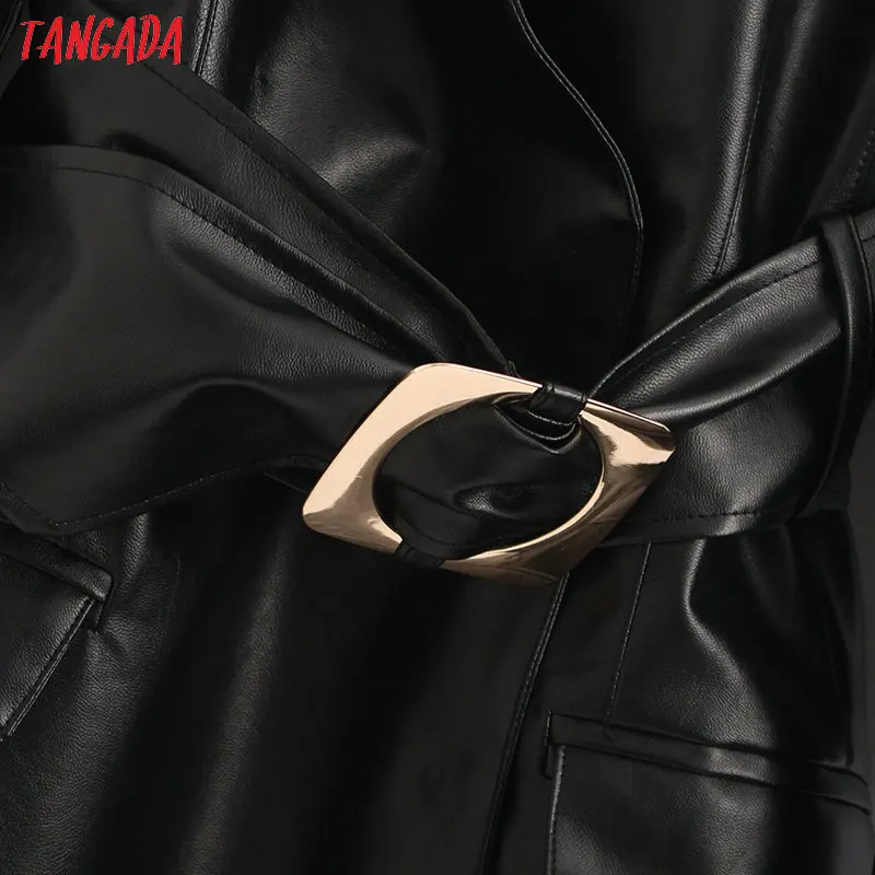 Tangada женское элегантное черное платье из искусственной кожи с поясом и длинным рукавом винтажное женское офисное мини-платье vestidos BE103
