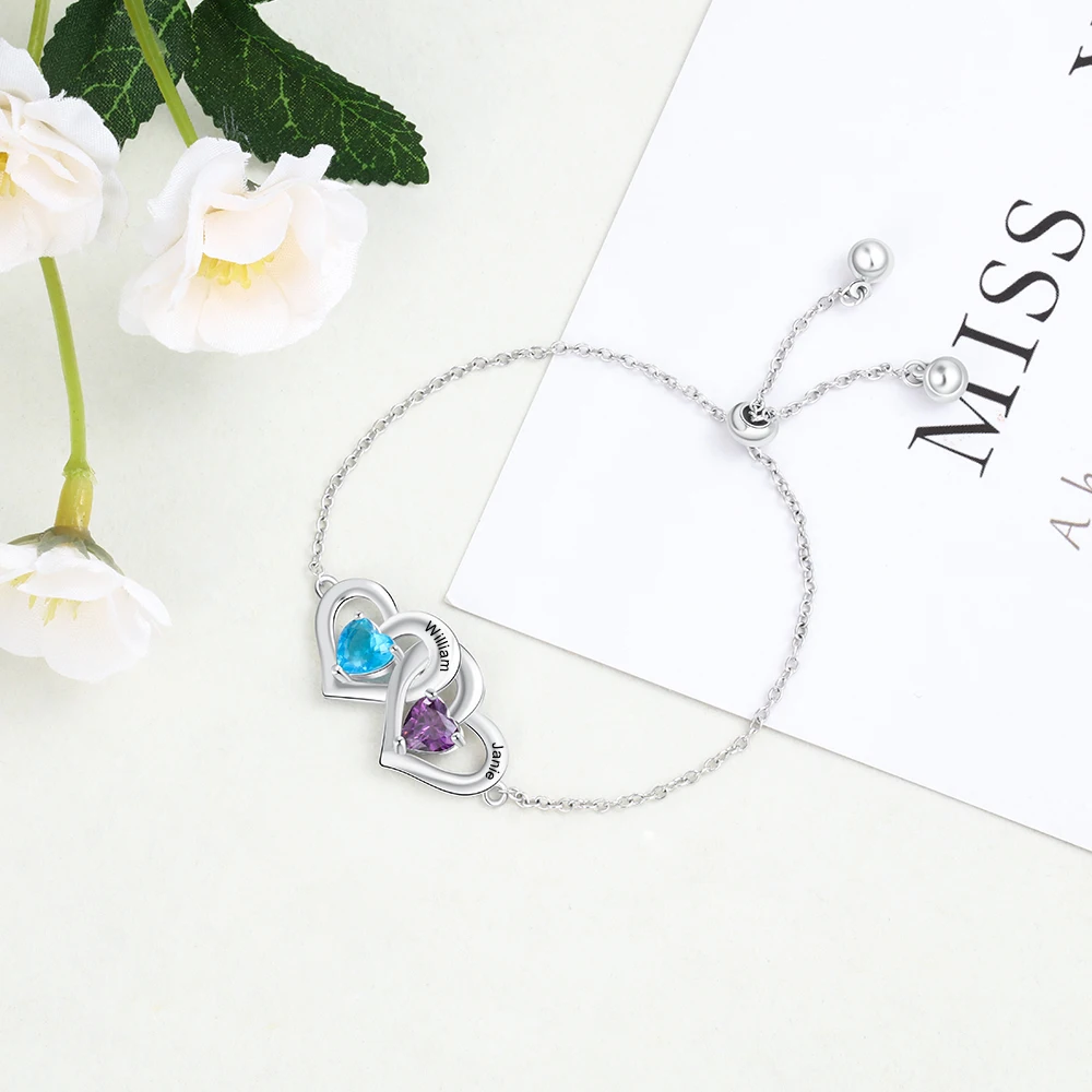 Customized 2 Names Adjustable Couple Bracelet Personalized Heart Birthstone Engraved Bracelet for Women (JewelOra BA102580) - Image 5