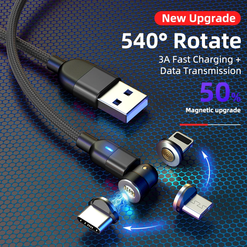 Магнитное зарядное устройство с поворотом на 540 градусов Micro USB C кабель для