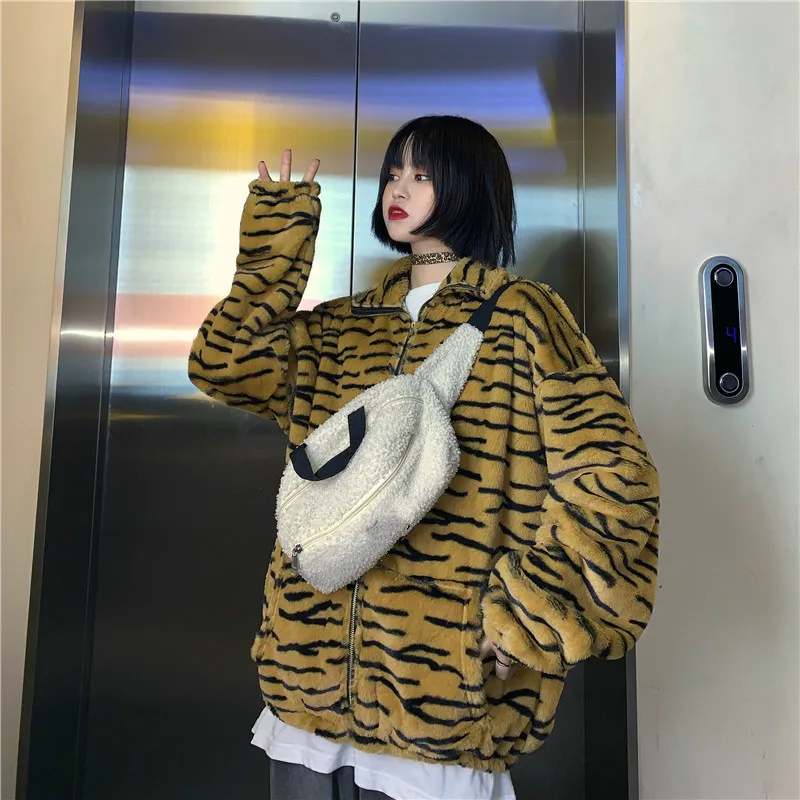 Neploe Harajuku ретро зимние теплые пальто женские модные Плюшевые куртки на молнии с карманами парка в полоску Зебра Верхняя одежда Пальто 55454