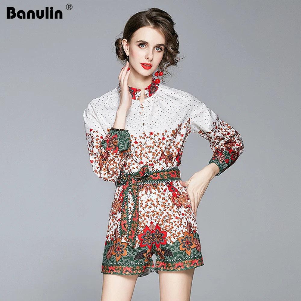 

Banulin Autumn Pink Outfits Women O-Neck Puff Sleeve Floral Shirts + Pocket Belt Mini Short Runway Two Piece Set for Women