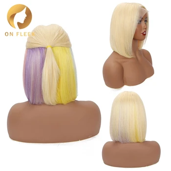 

Lace Front Human Hair Wigs 613 Blonde Short Bob Straight Brazilian Remy Hair Pre plucked Hairline 130% Density On Fleek 4x13