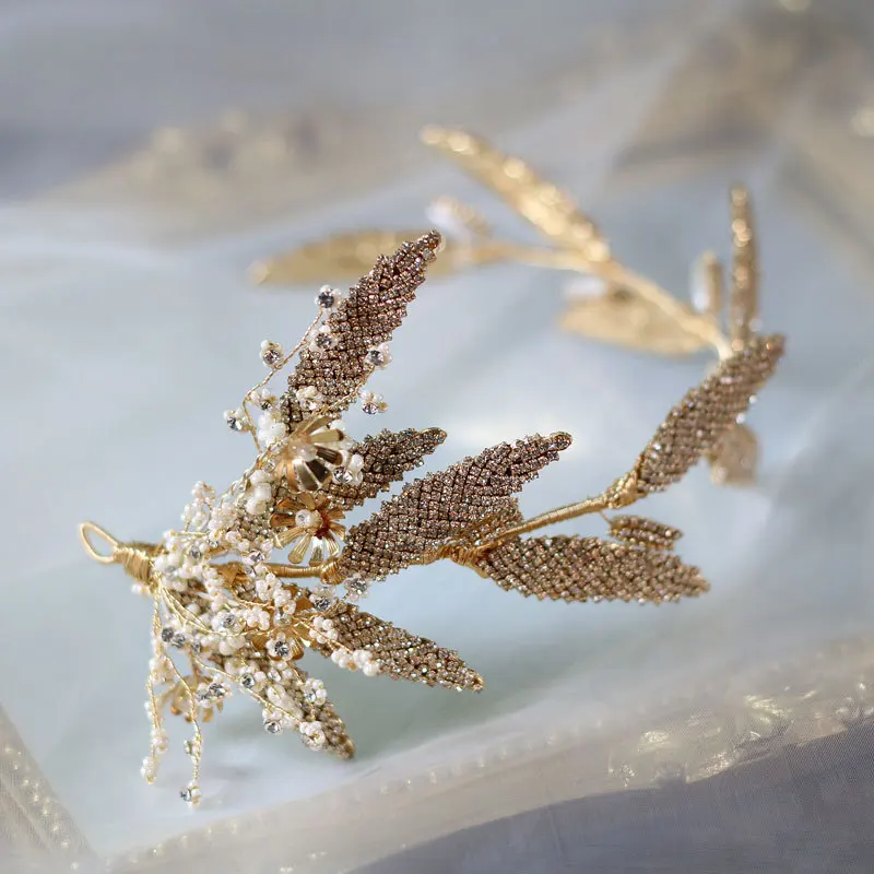 NiuShuya  Leaf Tiara Rhinestone Crown Diadema Wedding Headband Pearl Hair Jewelry Handmade Beads Hair Ornament