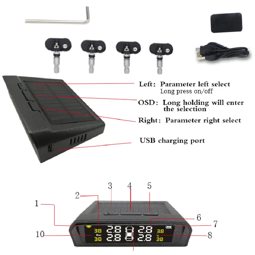 Автомобильная солнечная USB система контроля давления в шинах TPMS встроенный LCD