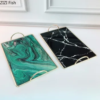 

Square Marble Agate Texture Tempered Glass Mirror Trays Decorative Coffee Table Bathroom Skin Care Product Storage Jewelry Plate