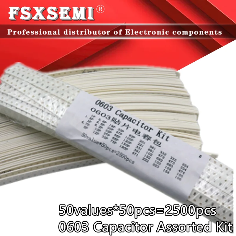 

50 значений * 50 шт. = 2500 шт. 0603 SMD Керамический конденсатор в ассортименте, 1 пФ ~ 10 мкФ 10 В ~ 50 в, набор образцов чипа 1 пФ 1,5 ПФ 3 пФ 10 нФ 1 нФ 22 НФ