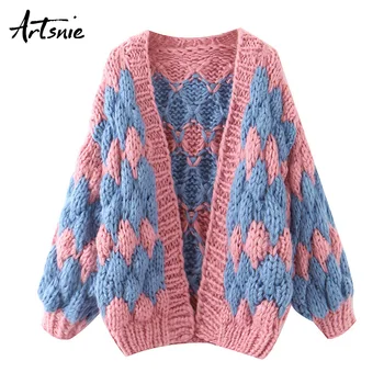 

Artsnie vintage open stitch cardigans women winter lantern sleeve thick warm sweater pull femme streetwear mohairs weater jumper