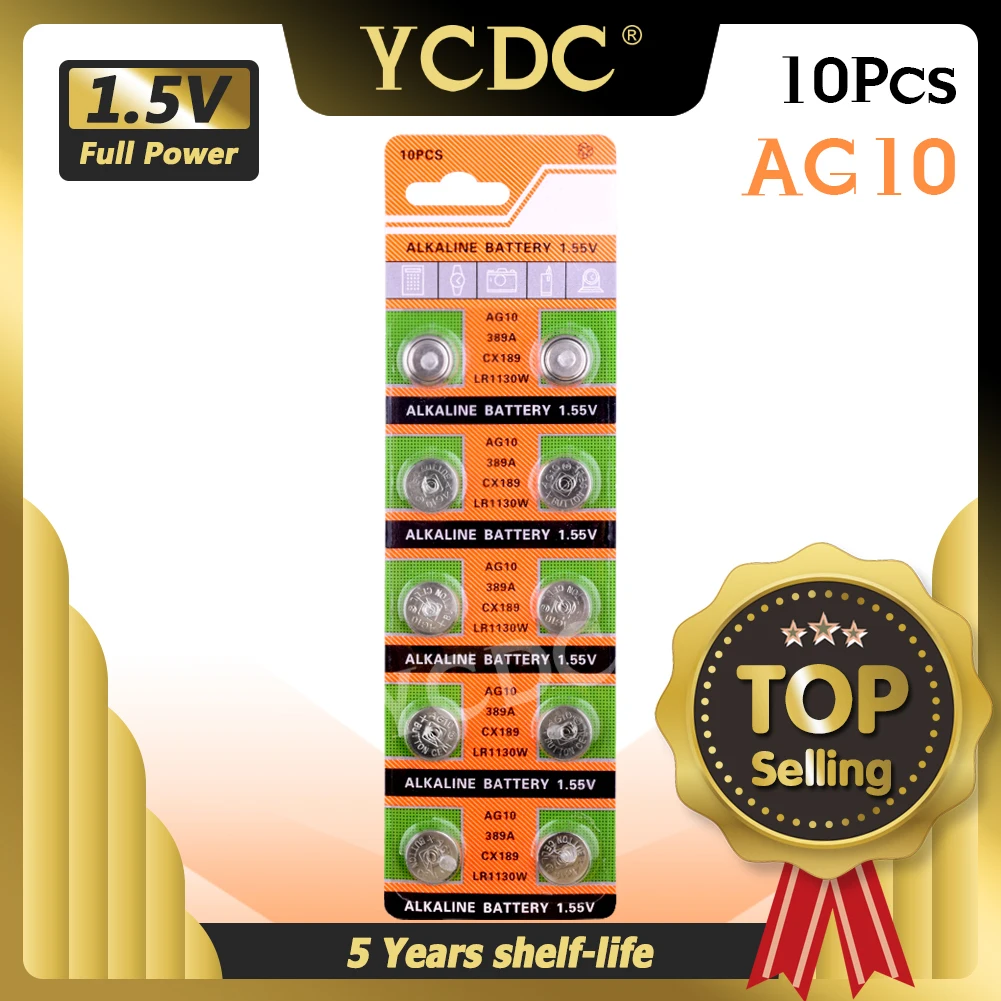 YCDC-pilas alcalinas para relojes y ordenadores pila de botón de 1,55 v AG10 LR1130 389 SR1130, 189 LR54, para monedas, SR54 389 189, 10 Uds.