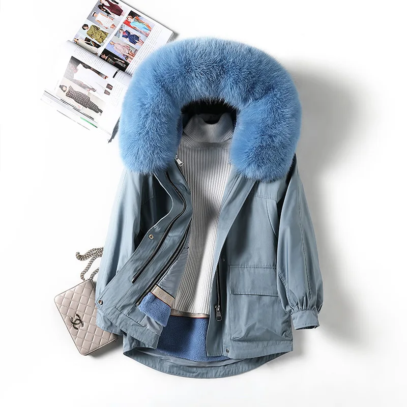 Wool liner 5 Женские пальто зимние парки новая шерстяная подкладка из кроличьего меха Рекс настоящий большой Лисий воротник пальто Длинная Верхняя одежда с капюшоном для женщин размера плюс - Цвет: Wool liner 5