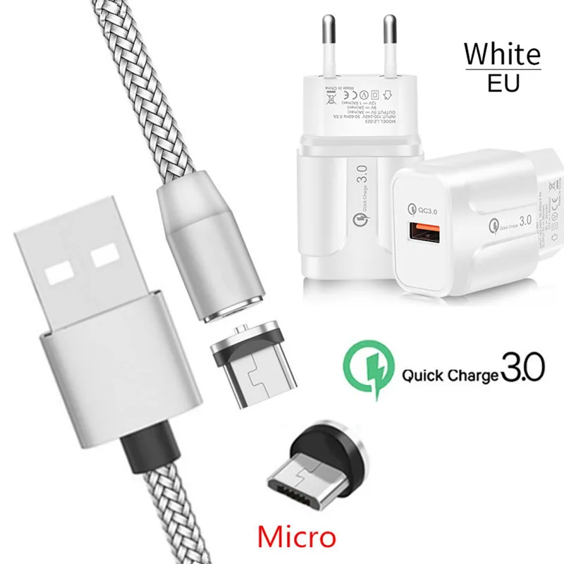 Магнитный Micro USB QC 3,0 быстрое зарядное устройство провод для samsung S7 J7 Prime huawei Y5 Honor Meizu M5 V8 OPPO Android мобильный телефон - Тип штекера: EU charger and cable