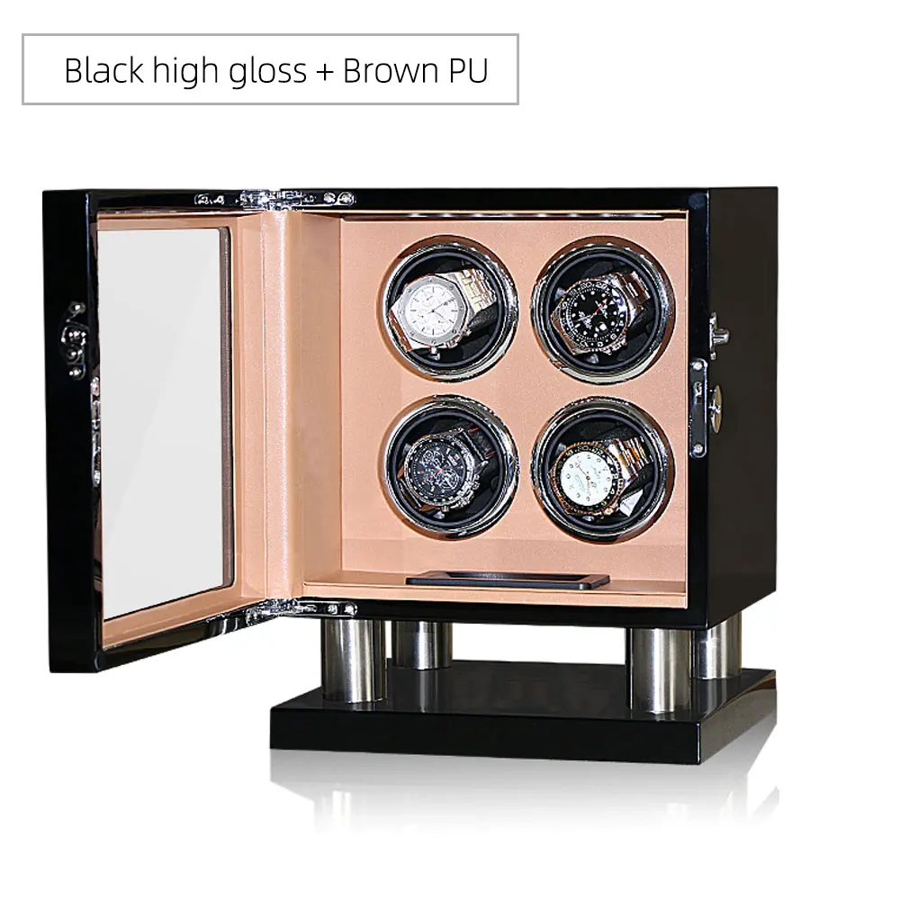 4 Часы Winders деревянный черный кожаный uhrenbeweg бесшумный двигатель ротатор коробка для хранения дисплей часы шейкер Чехол класса люкс - Цвет: Black with Brown