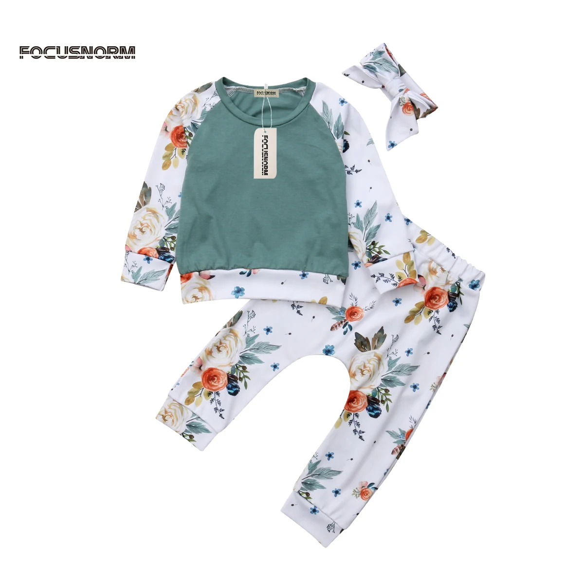 Newborn Kid Baby Girl Floral Clothes Tops T Shirt Tee Pants Tracksuit Outfit Set Autumn New Arrival Warm Baby Clothes - Цвет: Светло-зеленый