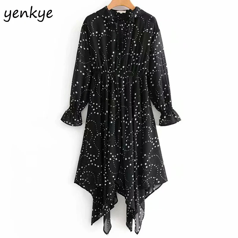 Женское винтажное платье со звездами Черное длинное на шнуровке с круглым