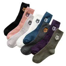 Осенне-зимние новые женские толстые носки с двойной иглой и вышивкой головы тигра Gao Luokou с вертикальной полоской, однотонные носки-трубы