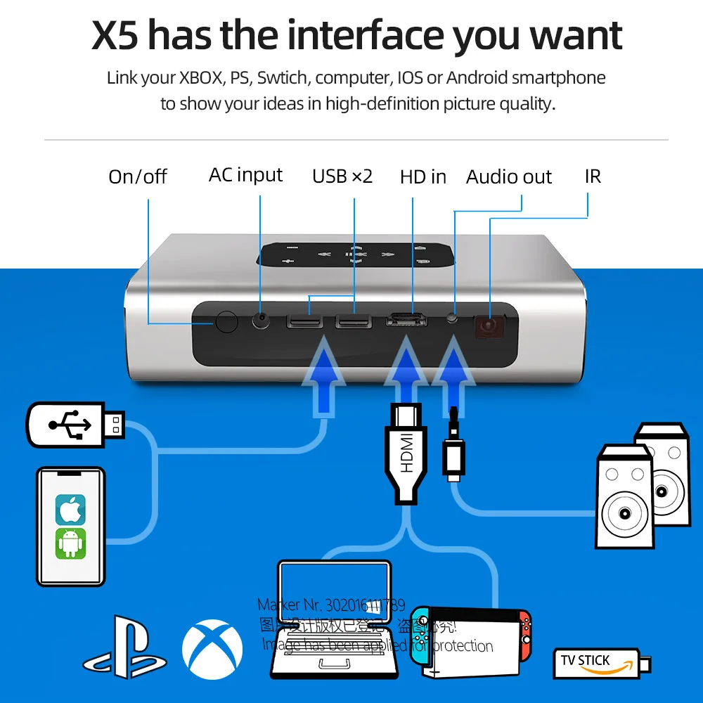 Aun projetor x5 4k android wifi 3d 10500mah bateria 300 polegada 1080p dlp mini portátil vedio projetor smart tv laser beamer hdmi-5