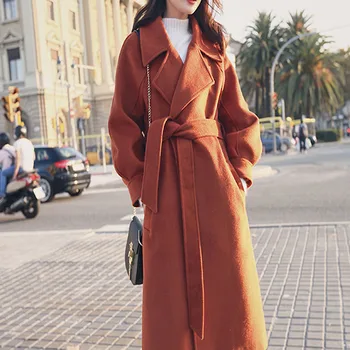 

Elegant Autumn Winter Women Long Coat Jacket High Quality Warm Wool Blends Overcoat Female Korean Plus Size Bandage Ladies Coat