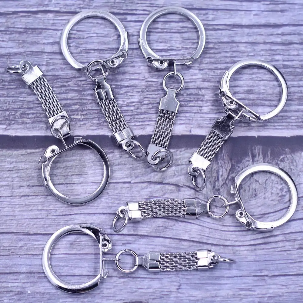 100Pcs Key Chains Keyrngs With Mesh Belt Metal Silver Tone Charms Jewelry DIY Accessories  6.2x2.3cm(2 4/8