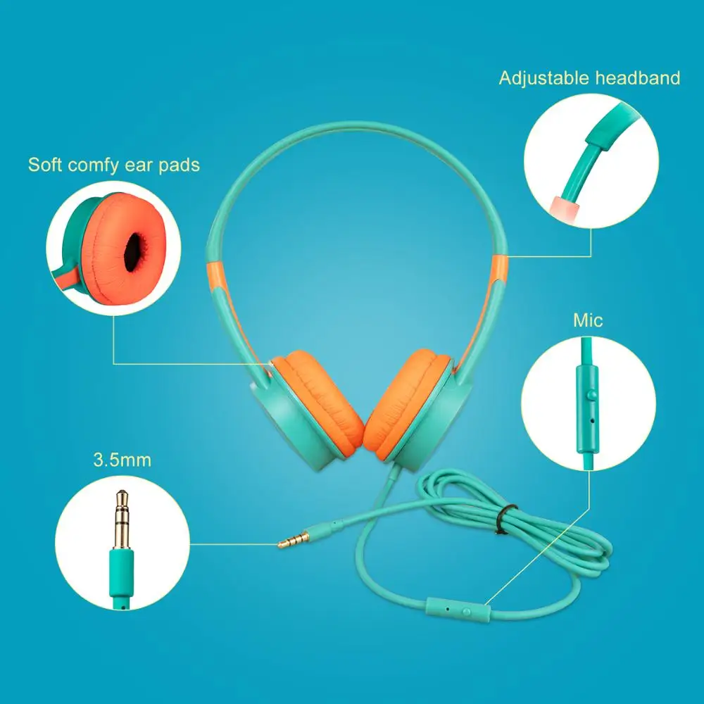 Kids Headphones Wired On Ear Headset with Microphone 85dB Volume Limited Hearing Protection Headset for Girls Boys IOS Android