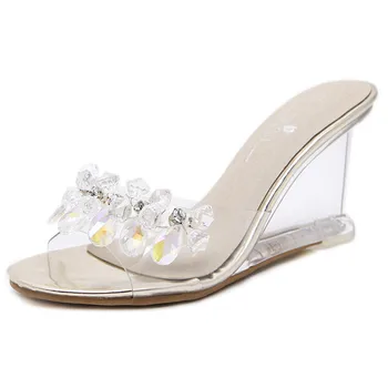 

2019 Women's Crystal Slippers Wedge Sandals Feminine Crystal Transparent Heels Rhinestone Wedge Sandals summer fashion high heel