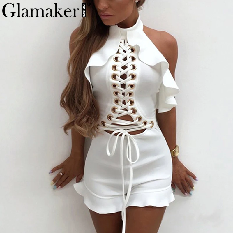 Женский комбинезон с рюшами Glamaker открытыми плечами и открытой спиной 2019 |