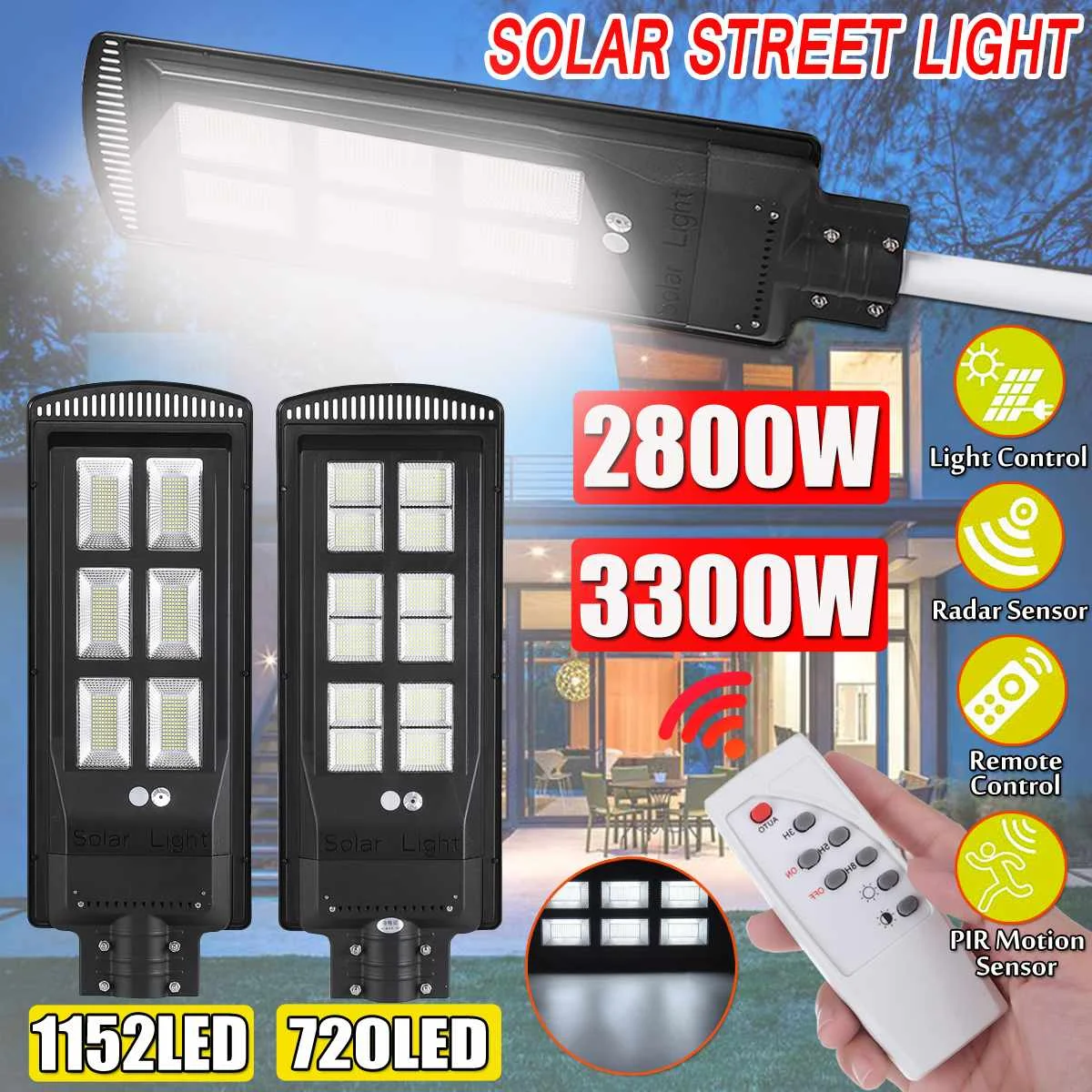 

Led Solar Street Light Outdoor 1152/720 led light Radar Motion Sensor street lamp solar Garden light with Remote time control