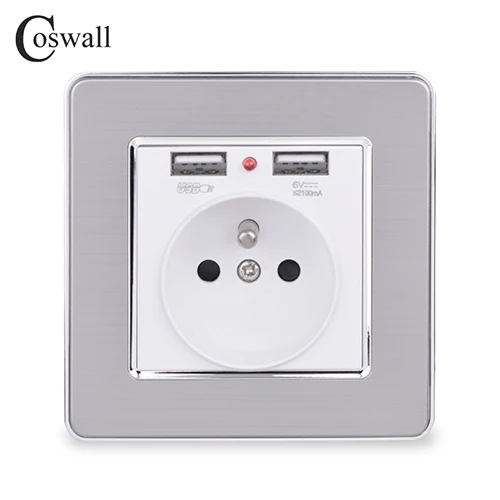 White Coswall двойной usb зарядный порт 5 в 2.1A светодиодный индикатор 16A французская настенная розетка панель из нержавеющей стали Серый Черный Белый Золотой - Тип: White