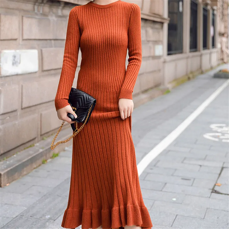 Корейское платье Swearer женское трикотажное платье элегантные женские облегающие платья с высокой талией офисные женские винтажные Стрейчевые свитера платья