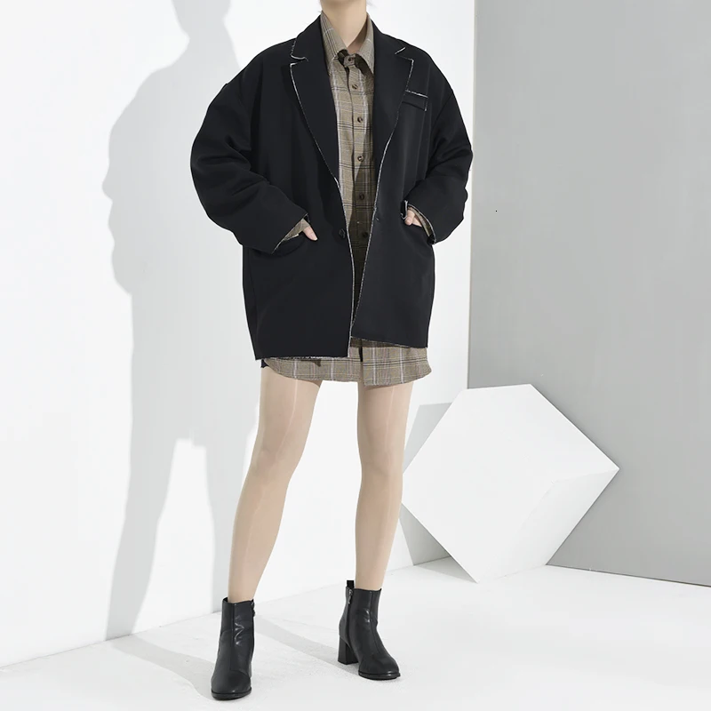 [EAM] женский черный полосатый пиджак большого размера с отворотом и длинным рукавом, свободный крой, модная куртка весна-осень 1B542