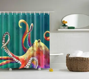 

Waterproof Thicken Polyester 3D Green Shower Curtain Beautiful Octopus Mildew Proof Bath Tub Curtain with 12 pcs Hooks