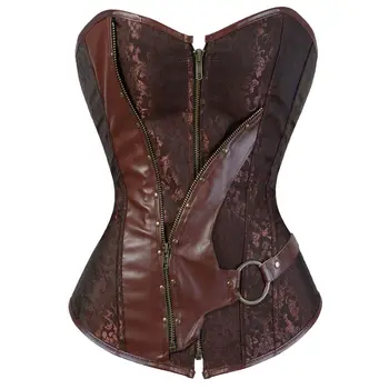 

Steampunk Gothic Zipper Leather Overbust Corset Women Sexy Burlesque Brown Spiral Steel Boned Corset Bustier Top Pirate Costume