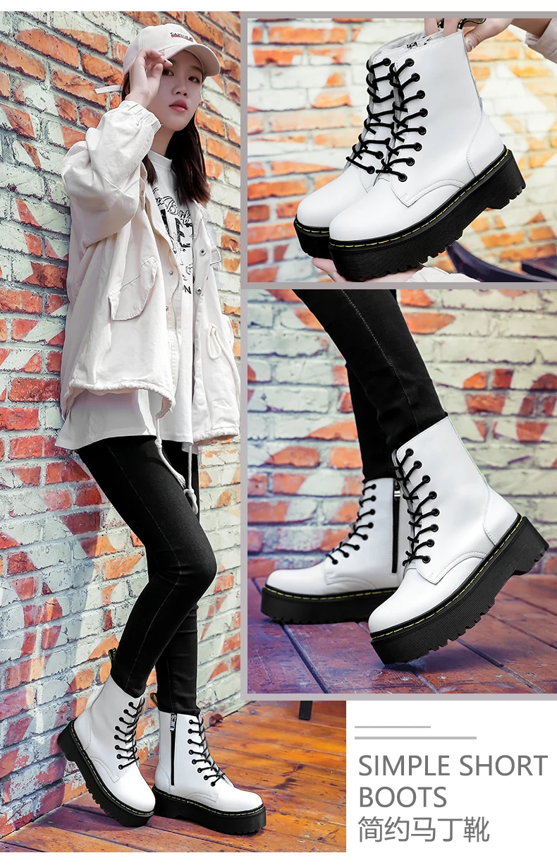 Женские ботинки Martin; высокие кожаные ботинки на молнии; черные кожаные ботинки на высокой платформе со шнуровкой на толстой подошве; jadon; полированная гладкая белая обувь