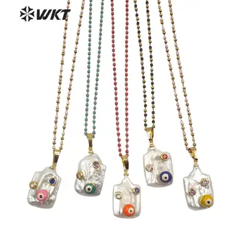 

WT-MN961 WKT Natural Pearl Necklace Square Pearl With Evil Eye Charm Necklace Gold Electroplated Women Fashion Necklace Jewerly