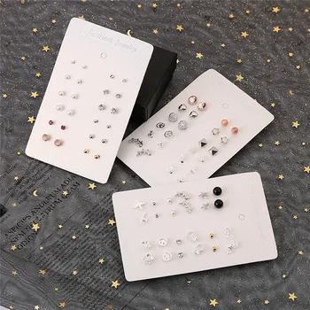 

12 Pairs/set Stud Earrings for Women Silver Color Geometric Heart Stars Earrings Fashion Jewelry Pearl Crystal Earrings