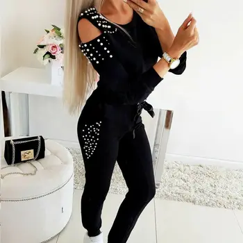 

Women's Jogger Running Tracksuit Sweatshirt Beading Tops + Pants High Waist 2Pcs Sets Sport Wear Autumn Spring