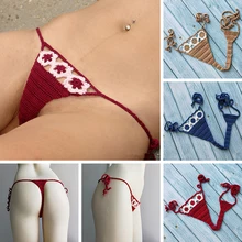 Мини Микро g-стринги, открытые сексуальные бикини, женские купальники, вязанные крючком хлопковые бразильские стринги