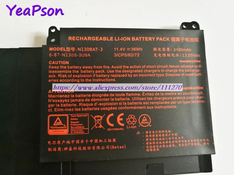 Yeapson 11 4 V 36Wh 3100mAh натуральная N130BAT 3 6 87 N130S 3U9A Аккумулятор для ноутбука Clevo N130BU