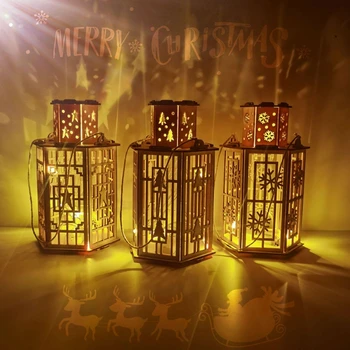 

Christmas DIY Wooden Hexagon Lantern Xmas Tree/Five-pointed Star/Snowflake Pattern LED Night Light Home Decoration Ornaments Han