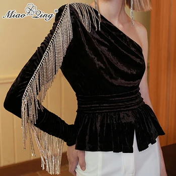 

MIAOQING Patchwork Tassel Flannel Shirt Women Skew Collar One Shoulder Long Sleeve Blouse Tops Female 2020 Spring Fashion
