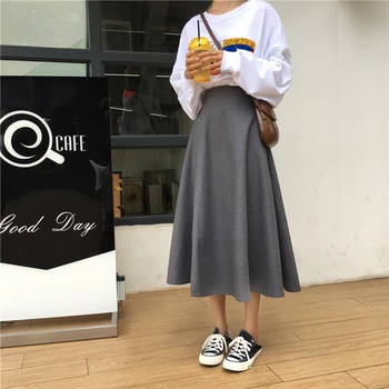 

Winter Ladies Long Wool Skirts A-line Midi Pleated Skirt Elegant High Waist Long Woolen Skirts Women Fashion Grey Black