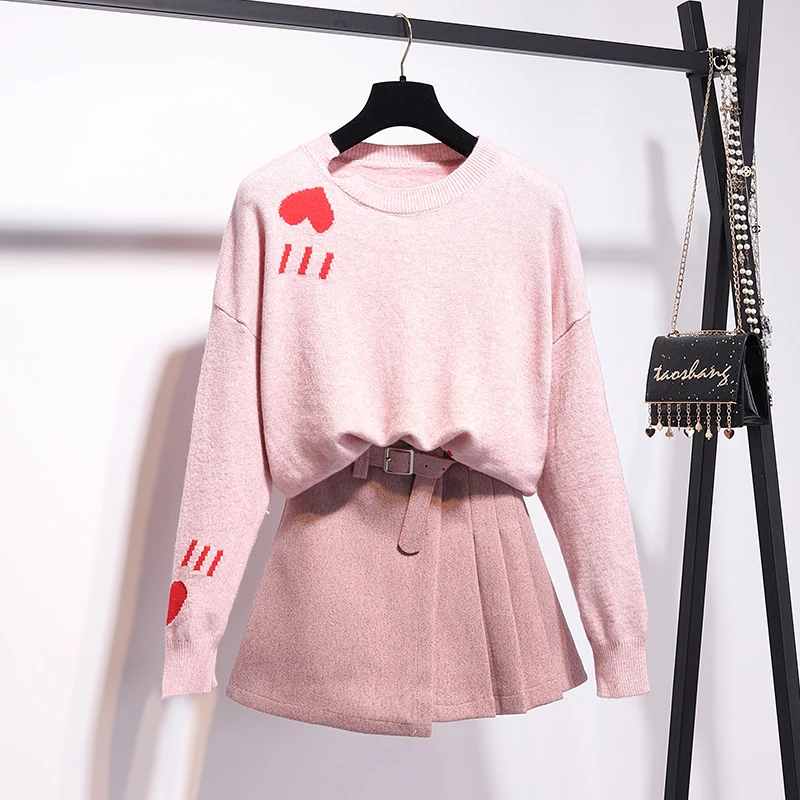 Подиум осень зима красное сердце стиль женский элегантный винтажный вязаный пуловер свитера+ женская короткая юбка комплект из 2 предметов костюм