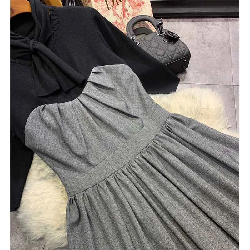 Cosmicchic Women Fake Two Pieces Long Dress Bow Scarf Collar High Waist Vintage Maxi Party Dresses Autumn Winter Warm Dress