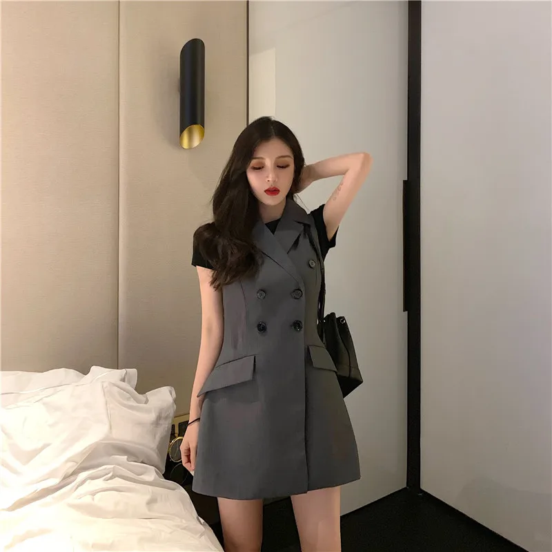 Модный серый двубортный жилет средней длины в стиле лисы, Женский изящный жилет без рукавов