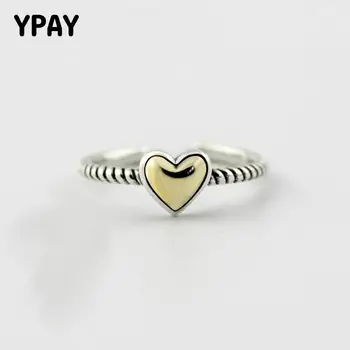 

YPAY Original 925 Sterling Silver Open Rings for Women Love Heart Gold Tone Metal Adjustable Finger Ring Fine Jewelry YMR223