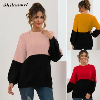 

Solid Red Black Long Sleeve Patchwork Knitted Pullovers 2019 Vintage Women Sweater Pullovers Women Autumn Casual Loose Pullovers